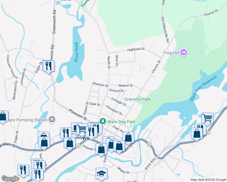 map of restaurants, bars, coffee shops, grocery stores, and more near 7 School Street in Ware