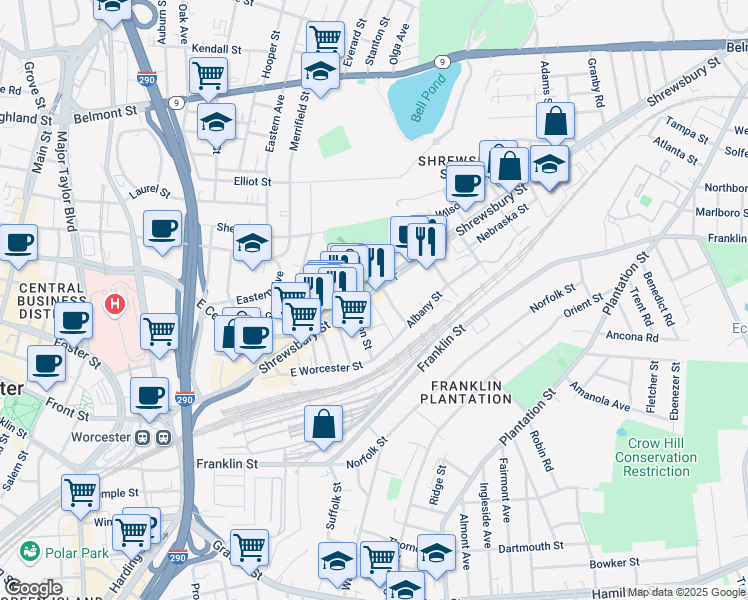 map of restaurants, bars, coffee shops, grocery stores, and more near 181 Shrewsbury Street in Worcester