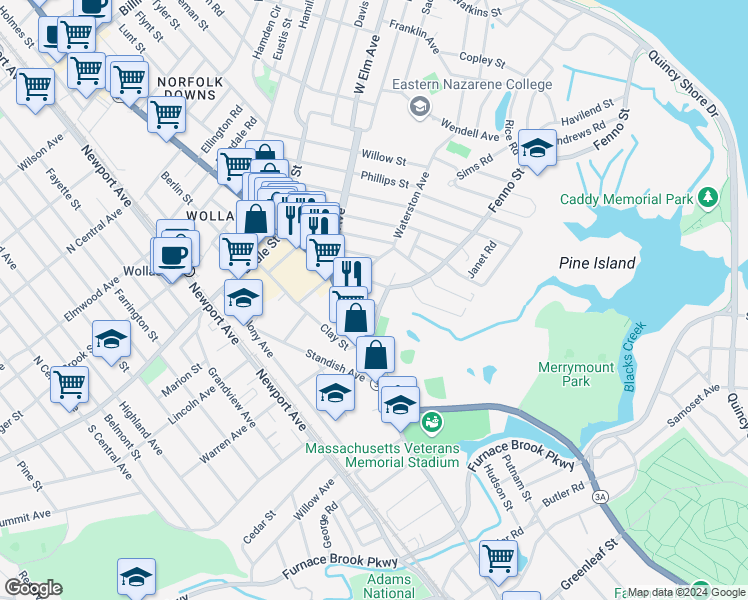 map of restaurants, bars, coffee shops, grocery stores, and more near 19 Merrymount Avenue in Quincy