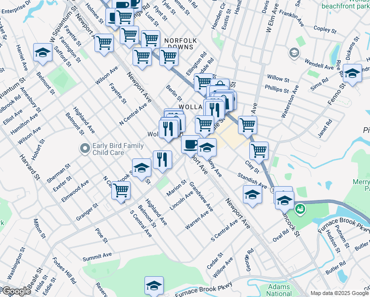 map of restaurants, bars, coffee shops, grocery stores, and more near 105 Beale Street in Quincy