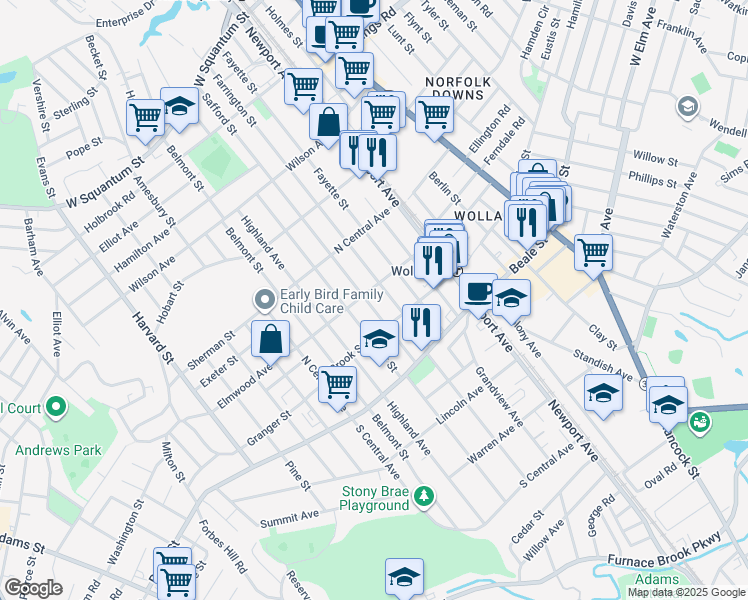 map of restaurants, bars, coffee shops, grocery stores, and more near 275 Farrington Street in Quincy