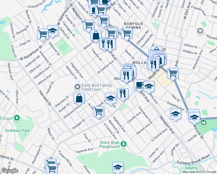 map of restaurants, bars, coffee shops, grocery stores, and more near 275 Farrington Street in Quincy