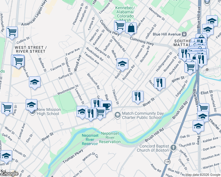 map of restaurants, bars, coffee shops, grocery stores, and more near 5 Mercer Street in Boston