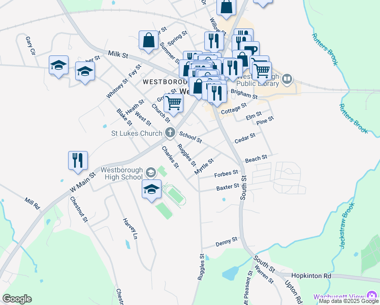 map of restaurants, bars, coffee shops, grocery stores, and more near 16 Ruggles Street in Westborough