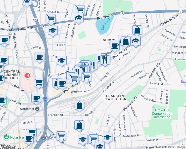 map of restaurants, bars, coffee shops, grocery stores, and more near 181 Shrewsbury Street in Worcester