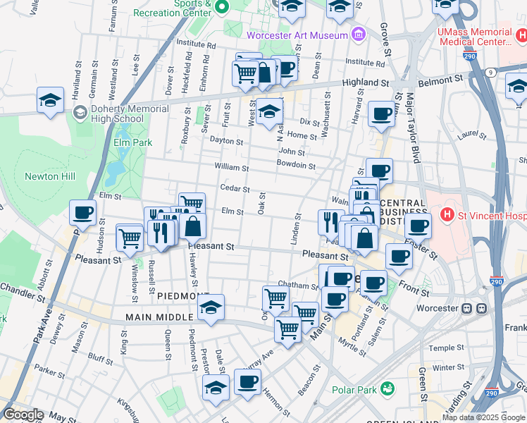 map of restaurants, bars, coffee shops, grocery stores, and more near 58 Elm Street in Worcester