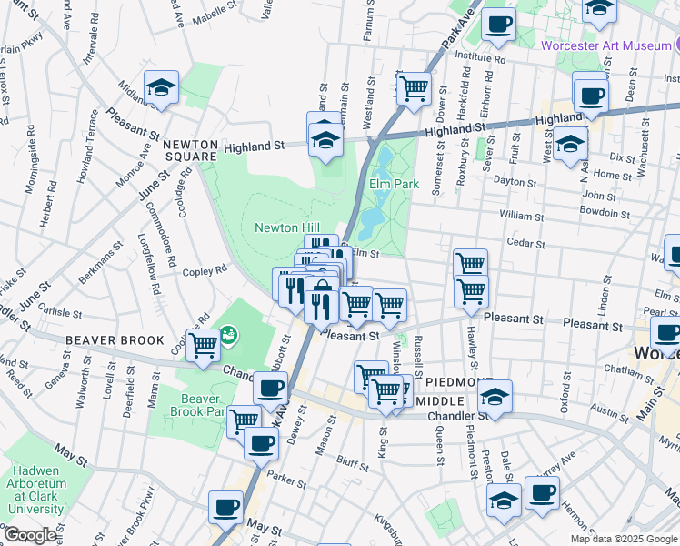 map of restaurants, bars, coffee shops, grocery stores, and more near 248 Park Avenue in Worcester