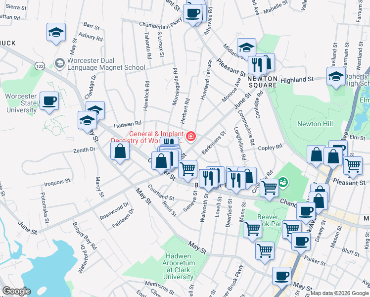 map of restaurants, bars, coffee shops, grocery stores, and more near in Worcester