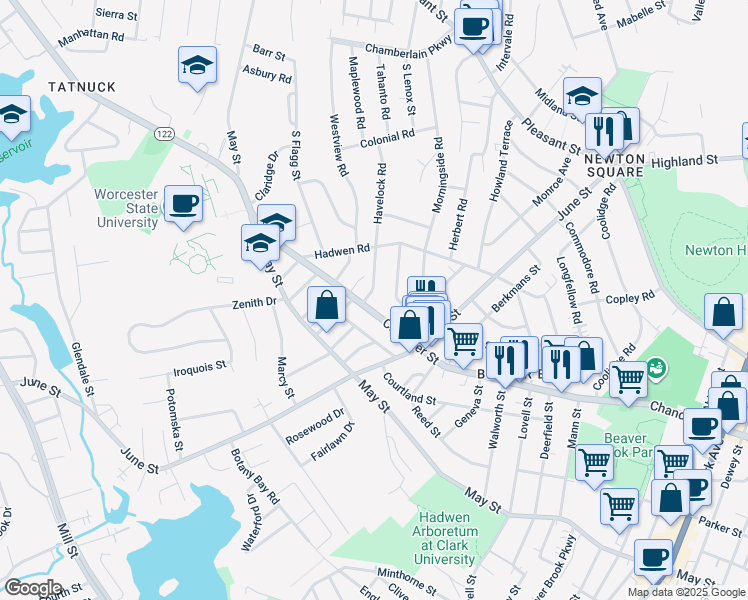 map of restaurants, bars, coffee shops, grocery stores, and more near 7 Woodman Road in Worcester