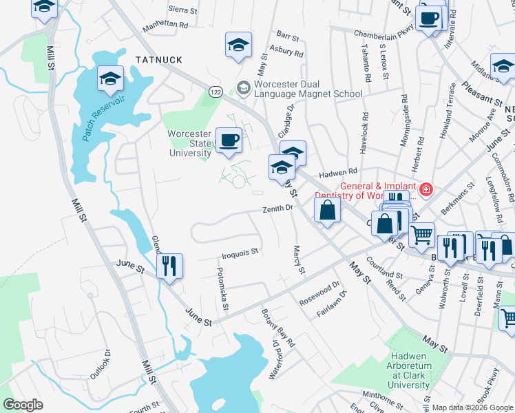 map of restaurants, bars, coffee shops, grocery stores, and more near 26 Zenith Drive in Worcester