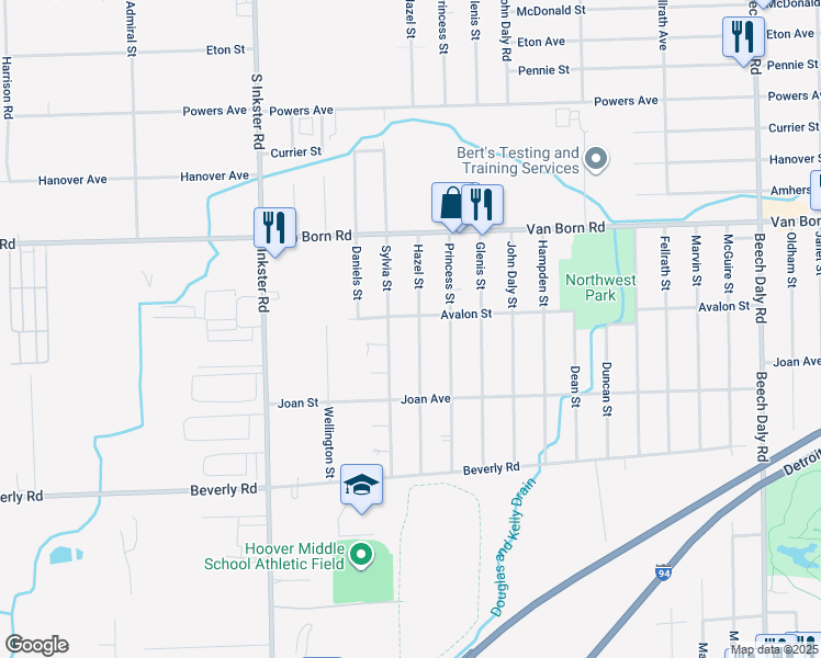 map of restaurants, bars, coffee shops, grocery stores, and more near 6029 Hazel Street in Taylor