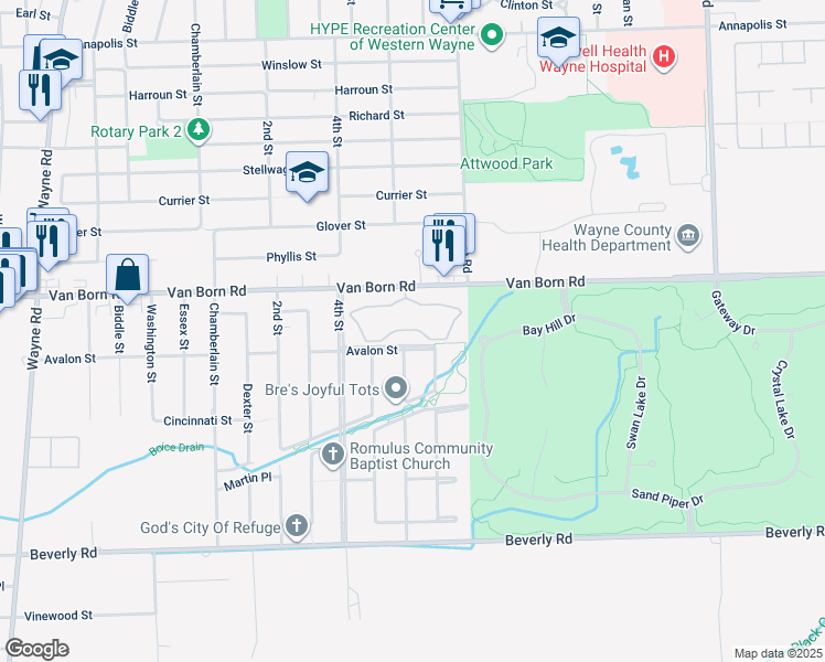 map of restaurants, bars, coffee shops, grocery stores, and more near 33975 Pinewoods Circle in Romulus