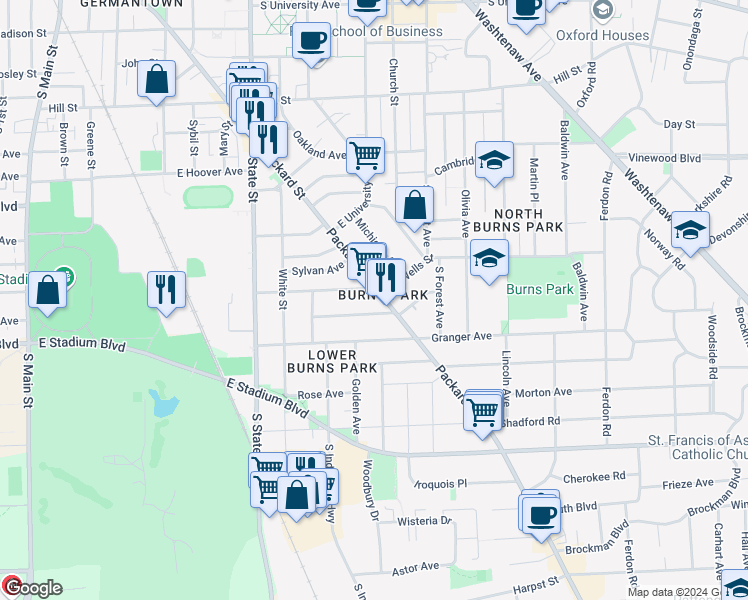 map of restaurants, bars, coffee shops, grocery stores, and more near 933 Woodlawn Avenue in Ann Arbor