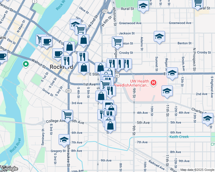 map of restaurants, bars, coffee shops, grocery stores, and more near 208 7th Street in Rockford