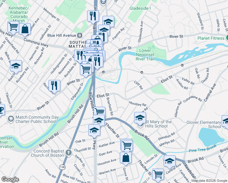 map of restaurants, bars, coffee shops, grocery stores, and more near 535 Eliot Street in Milton