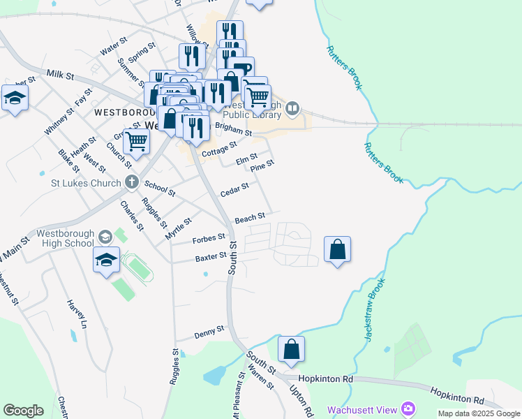 map of restaurants, bars, coffee shops, grocery stores, and more near 12 Beach Street in Westborough