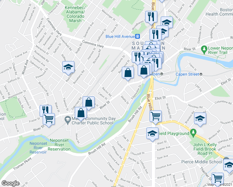 map of restaurants, bars, coffee shops, grocery stores, and more near 623 River Street in Boston