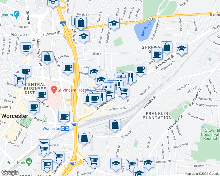 map of restaurants, bars, coffee shops, grocery stores, and more near 59 Shamrock Street in Worcester