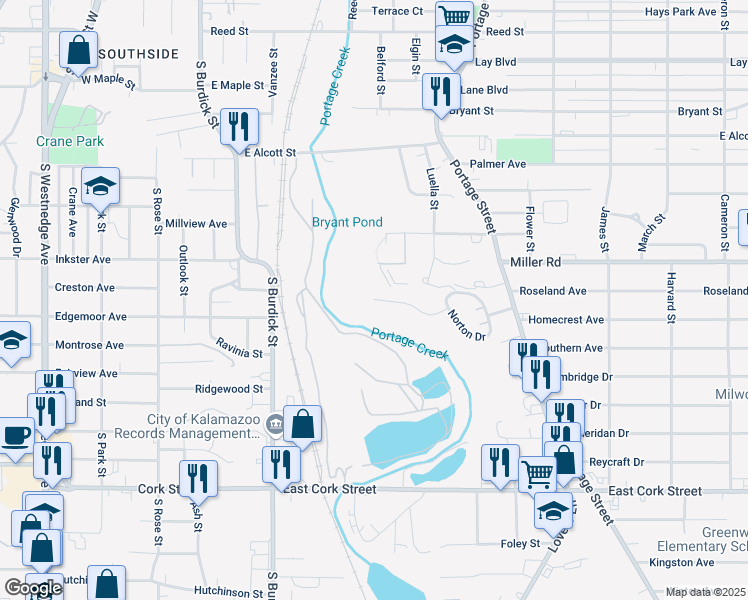 map of restaurants, bars, coffee shops, grocery stores, and more near 400 Homecrest Avenue in Kalamazoo