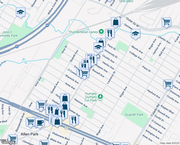 map of restaurants, bars, coffee shops, grocery stores, and more near 5103 Allen Road in Allen Park