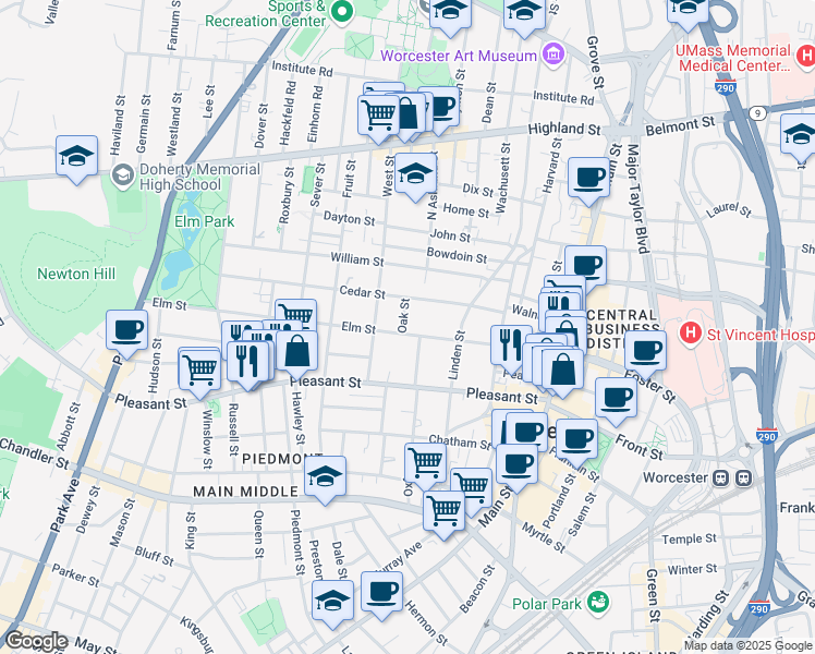 map of restaurants, bars, coffee shops, grocery stores, and more near 57 Elm Street in Worcester