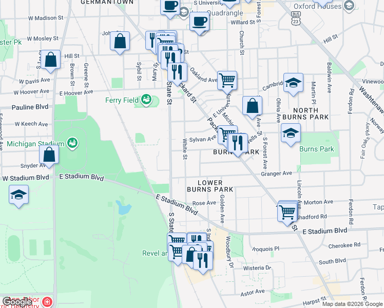 map of restaurants, bars, coffee shops, grocery stores, and more near 810 Dewey Avenue in Ann Arbor