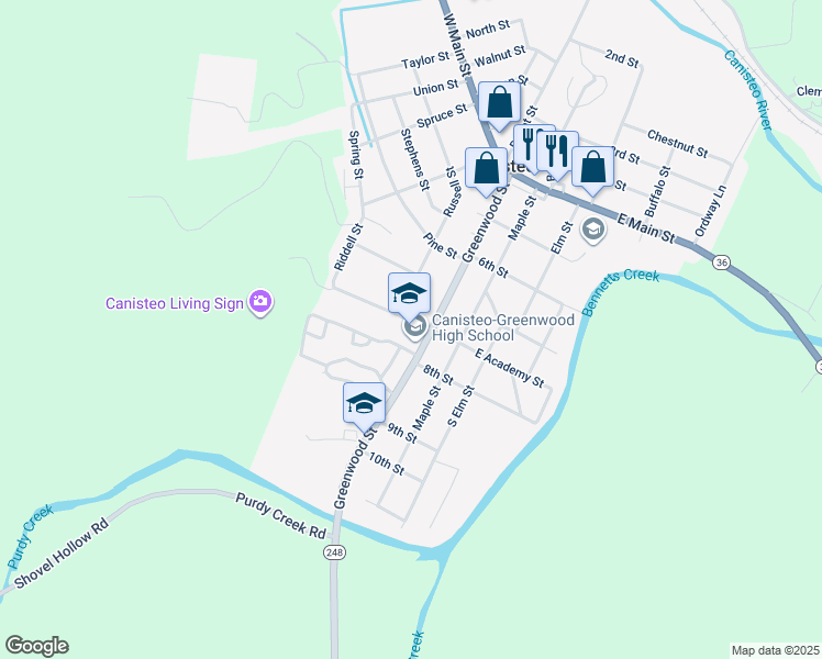 map of restaurants, bars, coffee shops, grocery stores, and more near 84 Greenwood Street in Canisteo