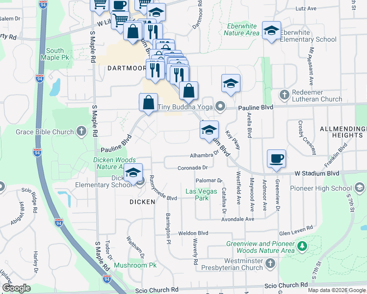 map of restaurants, bars, coffee shops, grocery stores, and more near 2025 Norfolk Street in Ann Arbor
