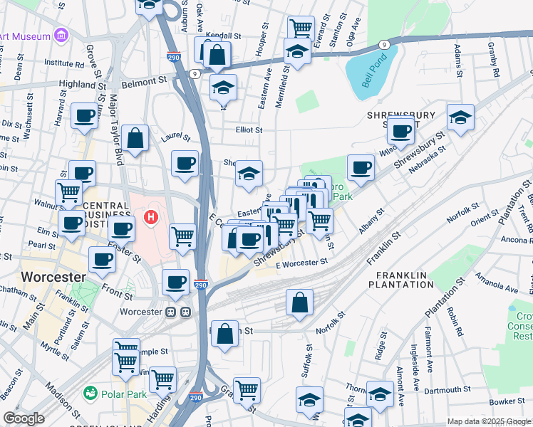 map of restaurants, bars, coffee shops, grocery stores, and more near 51 Gage Street in Worcester