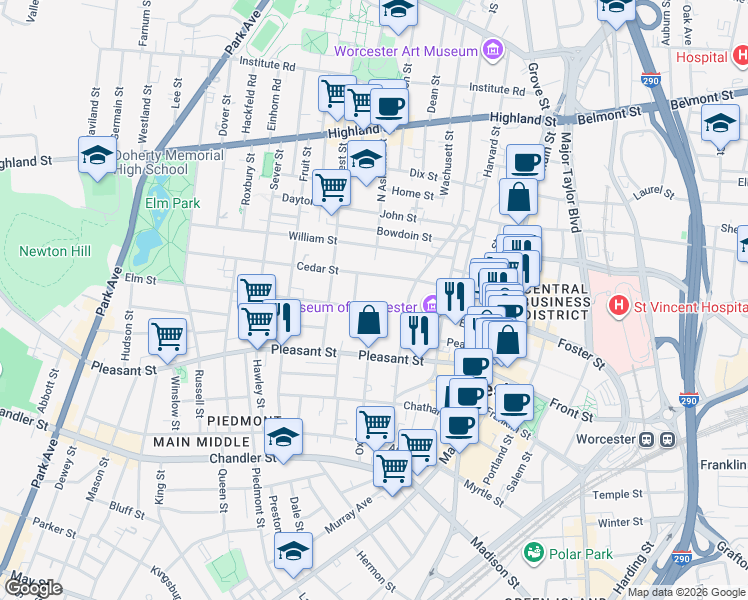 map of restaurants, bars, coffee shops, grocery stores, and more near 49 Elm Street in Worcester