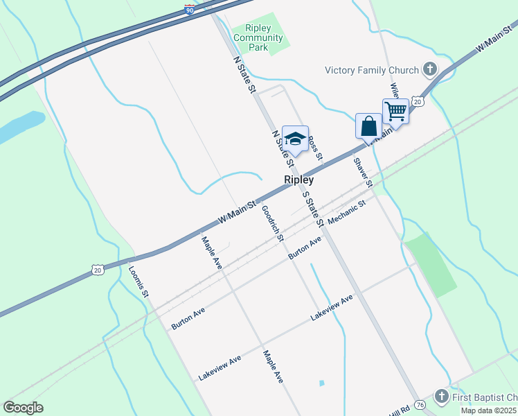 map of restaurants, bars, coffee shops, grocery stores, and more near 66 West Main Street in Ripley