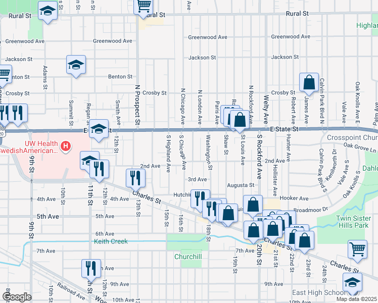 map of restaurants, bars, coffee shops, grocery stores, and more near 216 South Chicago Avenue in Rockford