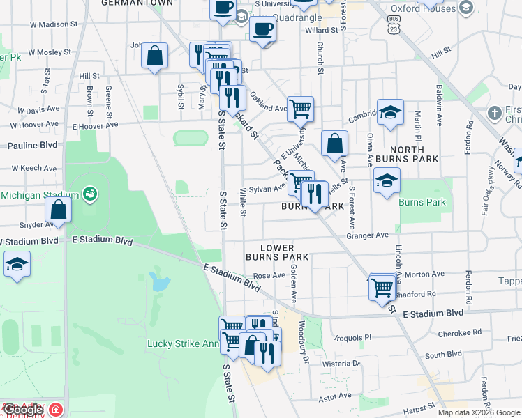 map of restaurants, bars, coffee shops, grocery stores, and more near 910 Dewey Avenue in Ann Arbor