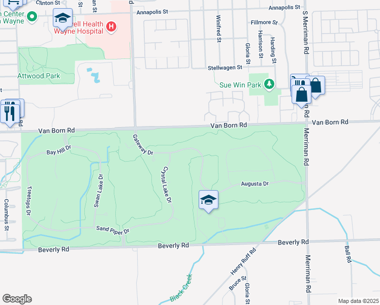 map of restaurants, bars, coffee shops, grocery stores, and more near 32501 Gateway Drive in Romulus