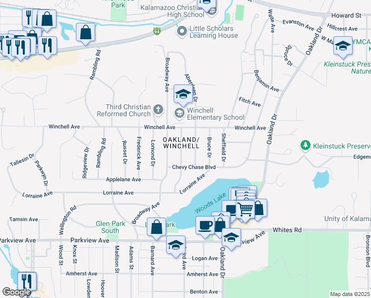 map of restaurants, bars, coffee shops, grocery stores, and more near 2518 Aberdeen Drive in Kalamazoo
