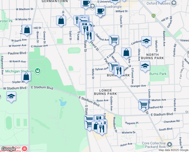 map of restaurants, bars, coffee shops, grocery stores, and more near 804 Dewey Avenue in Ann Arbor