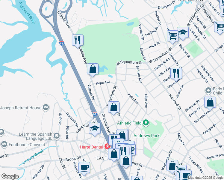 map of restaurants, bars, coffee shops, grocery stores, and more near 110 Squantum Street in Milton