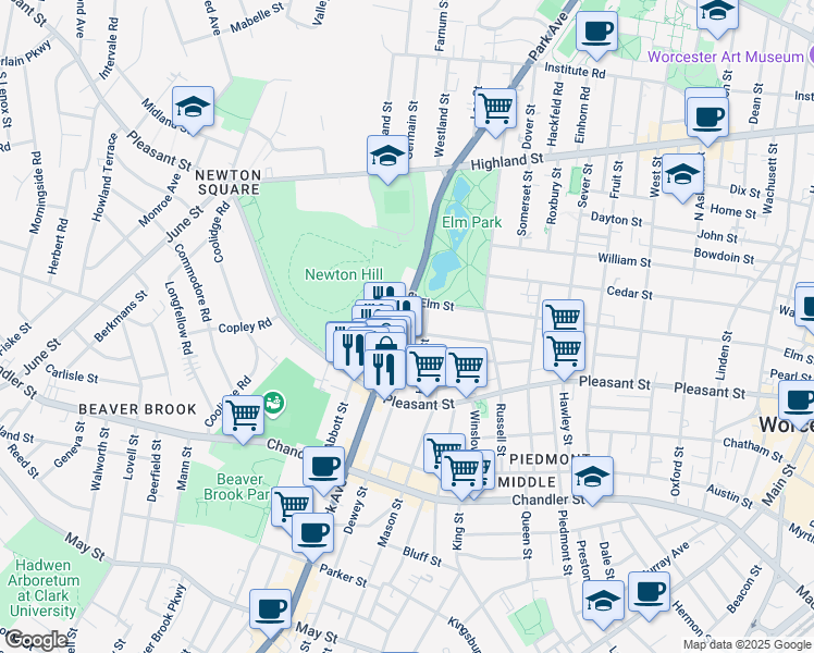 map of restaurants, bars, coffee shops, grocery stores, and more near 248 Park Avenue in Worcester