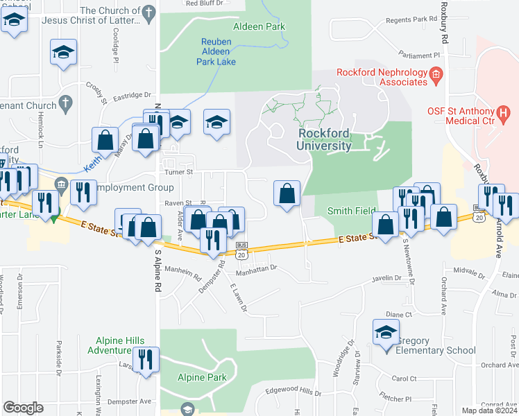 map of restaurants, bars, coffee shops, grocery stores, and more near 186 Flintridge Drive in Rockford