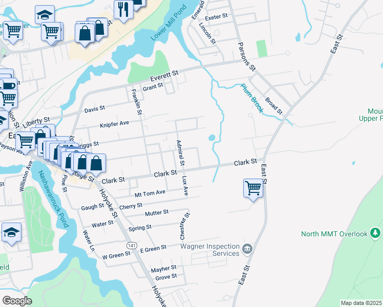 map of restaurants, bars, coffee shops, grocery stores, and more near 114 Maple Street in Easthampton