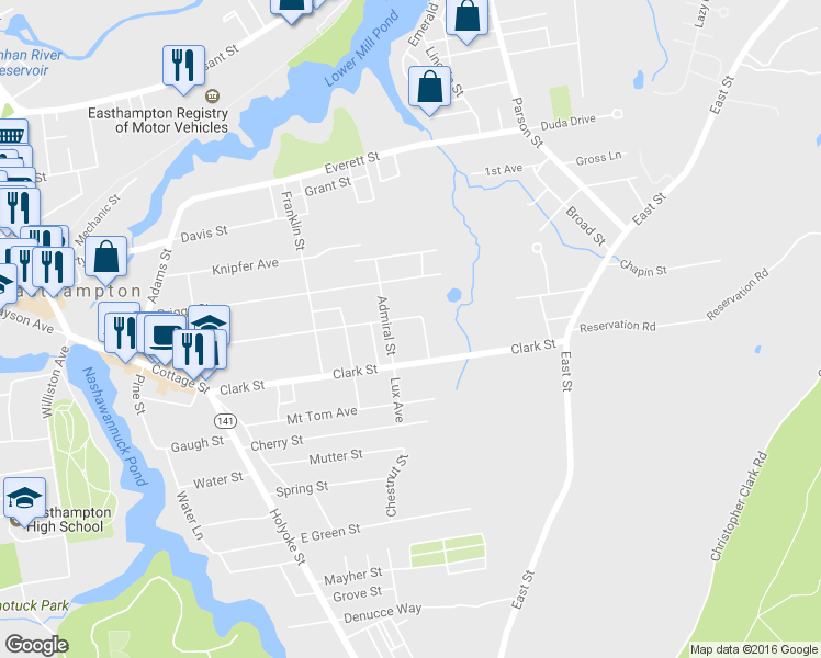 map of restaurants, bars, coffee shops, grocery stores, and more near 114 Maple Street in Easthampton