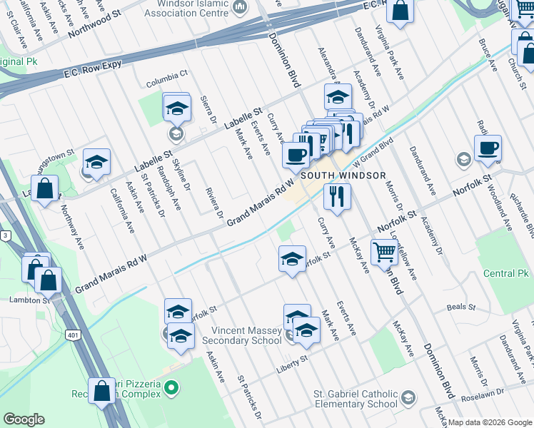 map of restaurants, bars, coffee shops, grocery stores, and more near 1655 Grand Marais Road West in Windsor
