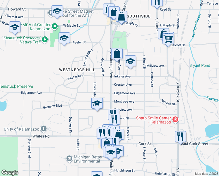 map of restaurants, bars, coffee shops, grocery stores, and more near 2508 South Westnedge Avenue in Kalamazoo