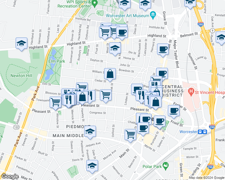 map of restaurants, bars, coffee shops, grocery stores, and more near 57 Elm Street in Worcester