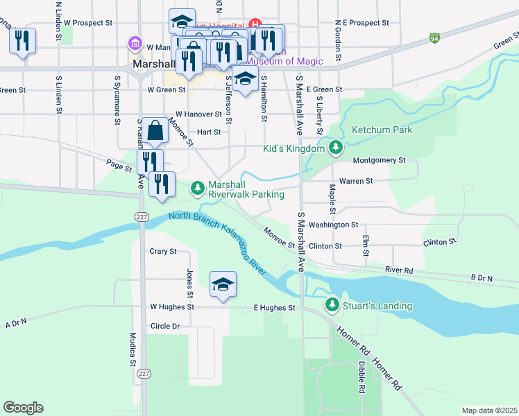 map of restaurants, bars, coffee shops, grocery stores, and more near 209 Walnut Street in Marshall