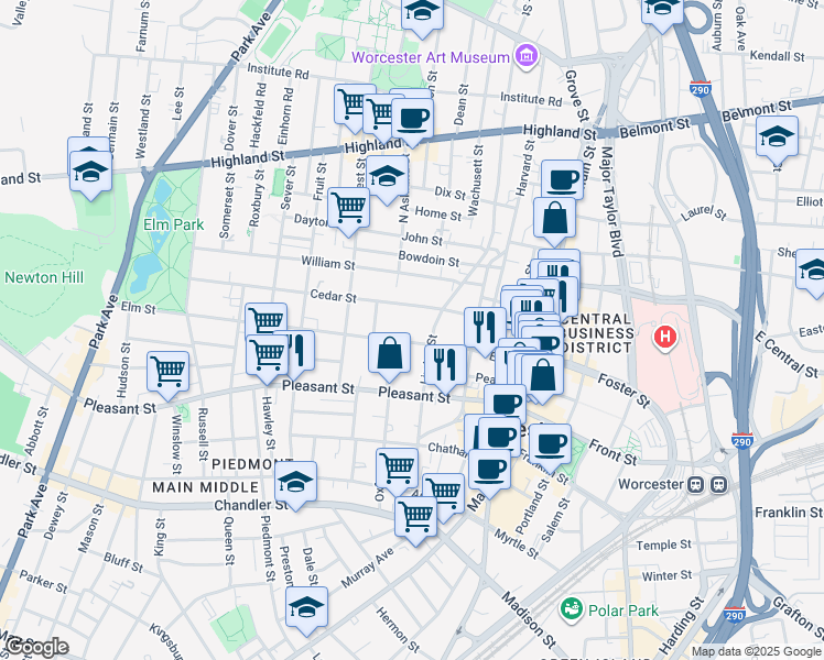 map of restaurants, bars, coffee shops, grocery stores, and more near 49 Elm Street in Worcester
