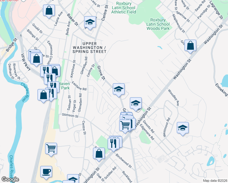 map of restaurants, bars, coffee shops, grocery stores, and more near 121 Grove Street in Boston