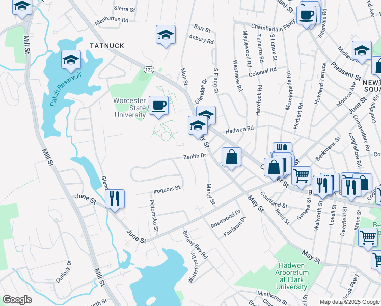 map of restaurants, bars, coffee shops, grocery stores, and more near 14 Zenith Drive in Worcester