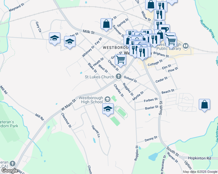 map of restaurants, bars, coffee shops, grocery stores, and more near 80 West Main Street in Westborough