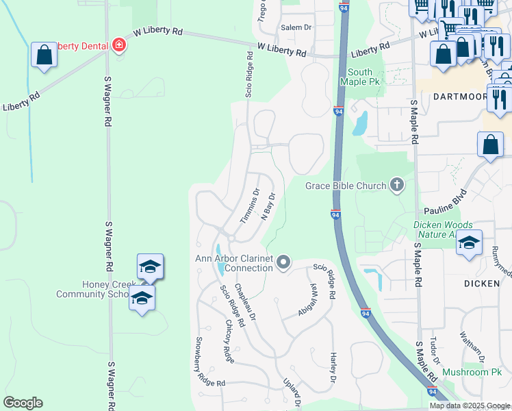 map of restaurants, bars, coffee shops, grocery stores, and more near 1311 Timmins Drive in Ann Arbor